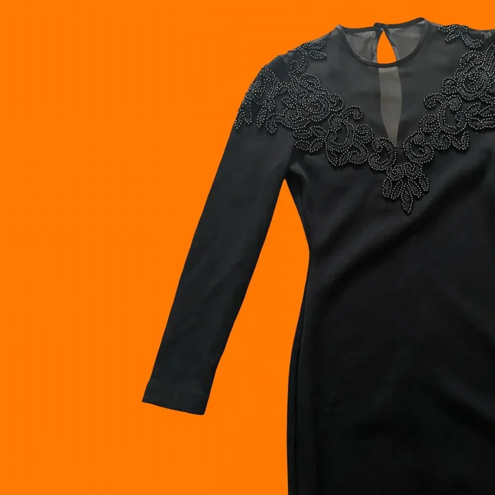 90's vintage black wool blend high neck mesh beaded bodycon mini dress SMALL - Picture 4 of 7